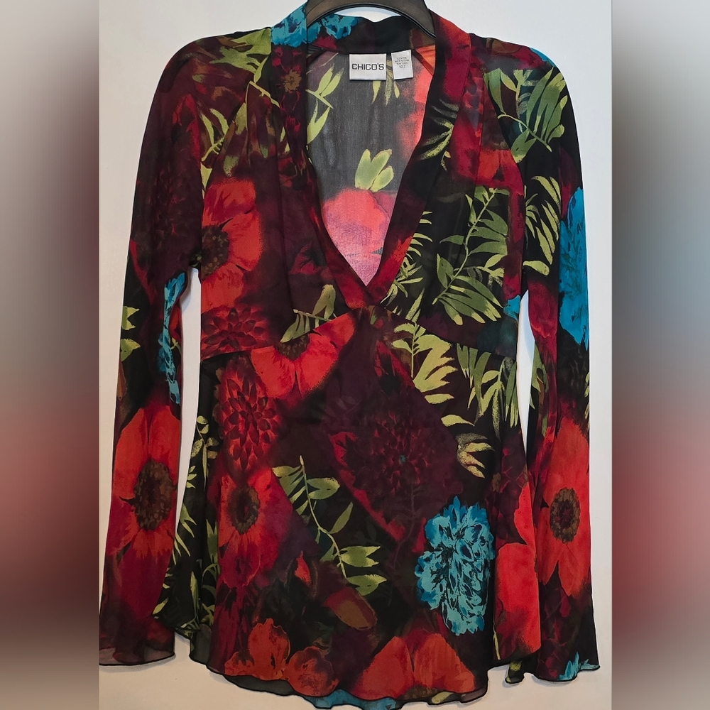 Chico's 100% Silk Sheer Multicolor Floral V-Neck Blouse